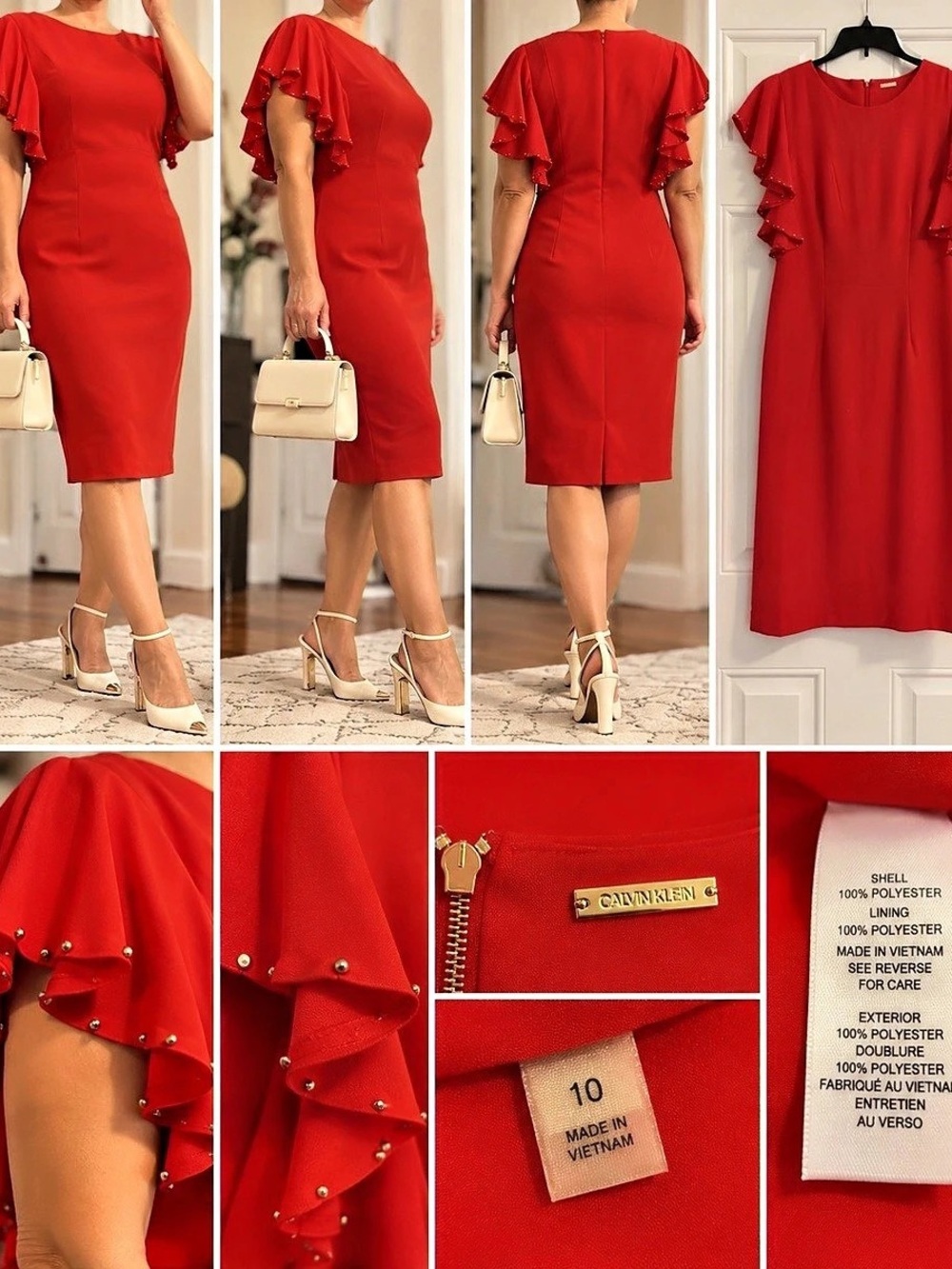 Caroline Rose Ruffle Sleeve Midi Dress in Red Size 10 Like New
